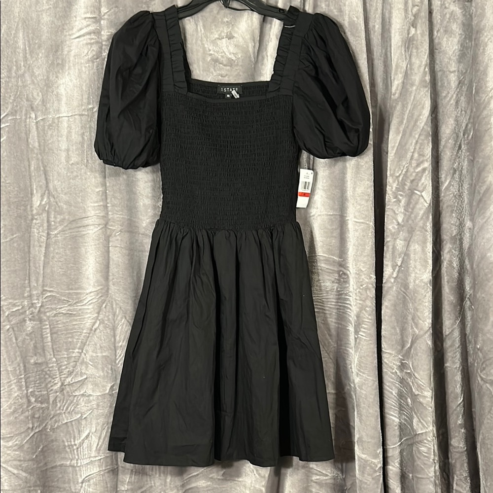 1. State Black A-Line Smocked Dress with Puff Sleeves